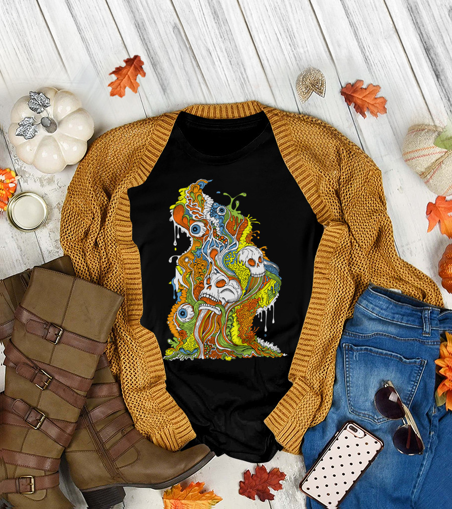 Punk Sludge Psychedelic Skull and Eye Overflow with Vibrant Dripping Colors T-Shirt
