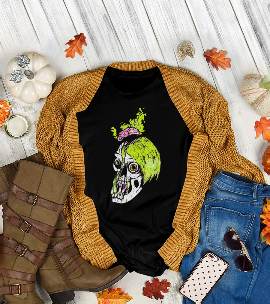 Undead Zombie Punk From Hell Green-Haired Skull with Brain and Goo Dripping T-Shirt