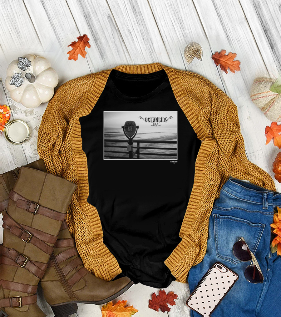 Oceanside Calif Viewfinder Stupes Black and White Coastal Scene T-Shirt