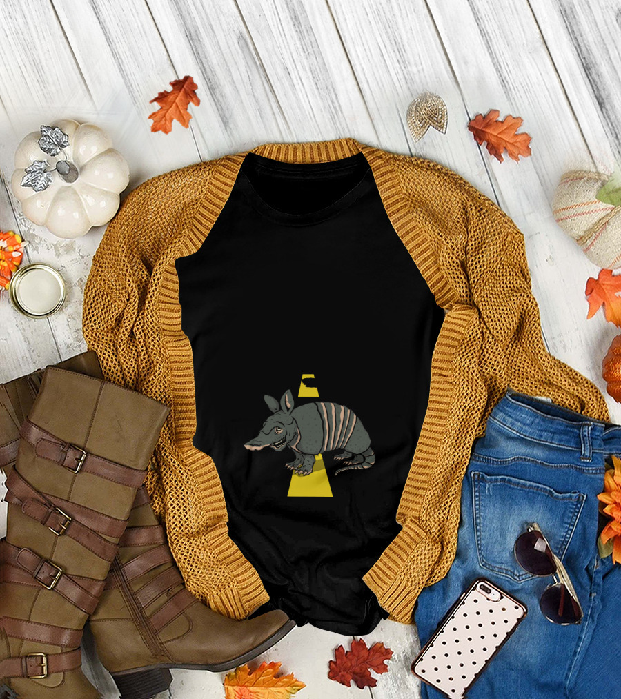 The Road Is Calling and I Must Go Armadillo on Yellow Line T-Shirt