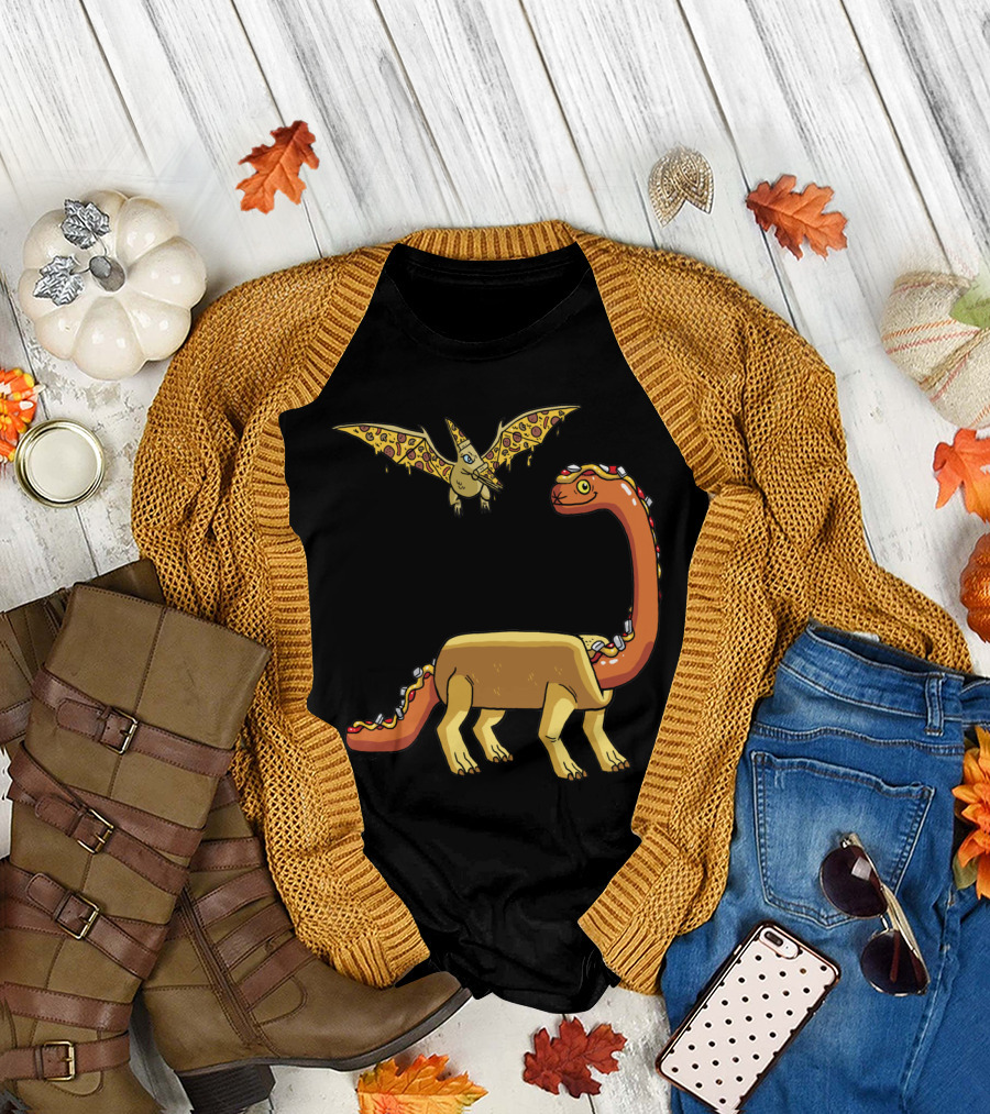 Brontodog and Pizzadactyl Dinosaur Pizza Parody Quirky Cartoon Duo T-Shirt