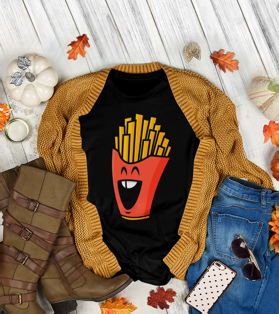 Happy French Fries Cartoon with Bright Yellow and Red Packaging T-Shirt