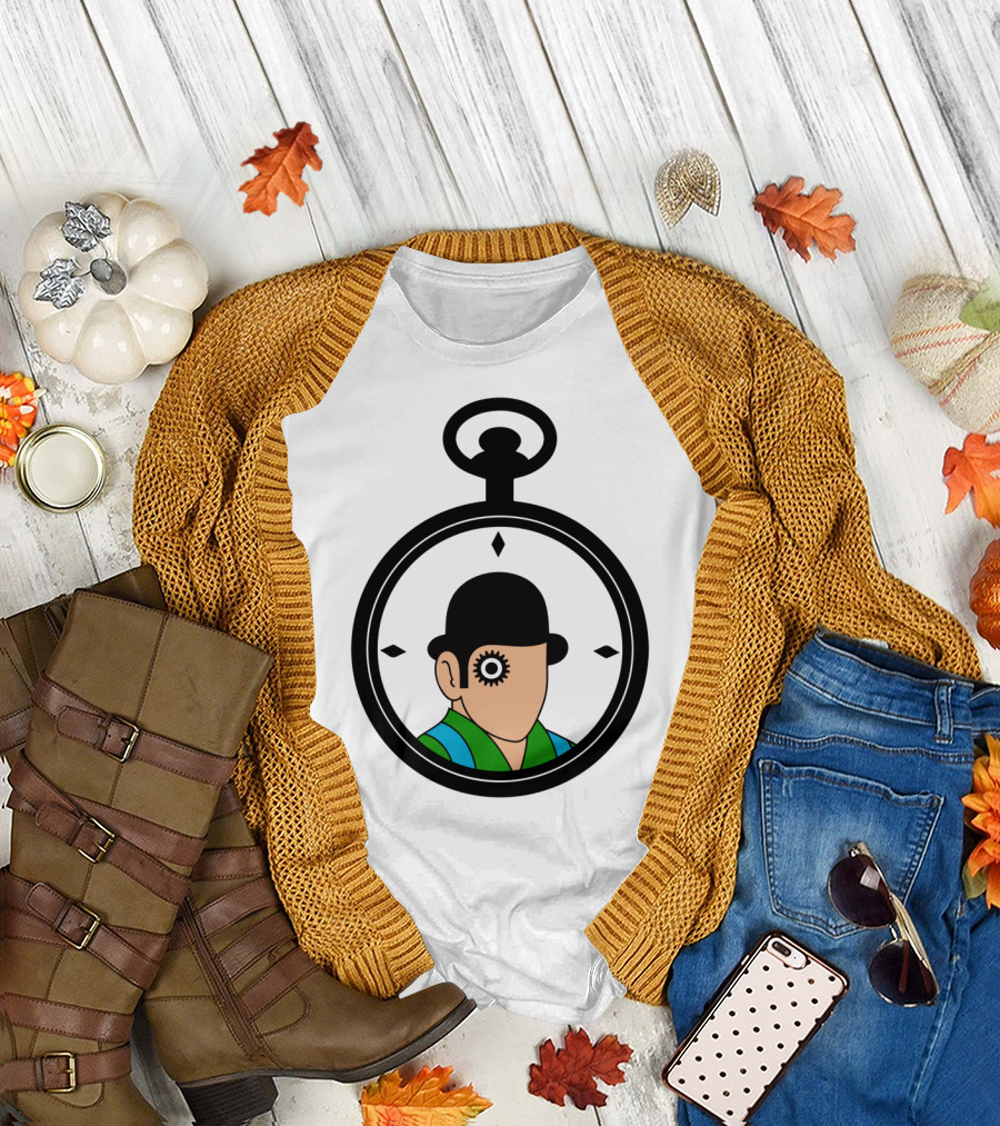 Clockwork Orangish Character with Bowler Hat and Gear Eye in Pocket Watch Frame T-Shirt