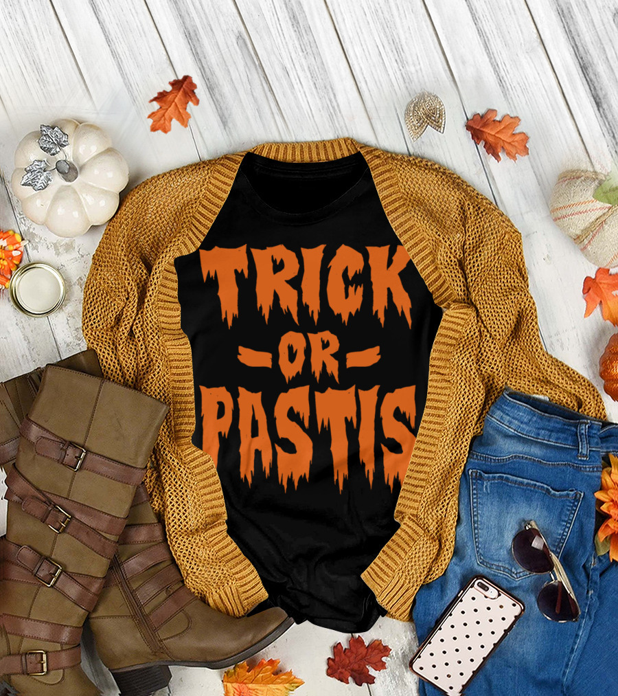 Trick Or Pastis Halloween Phrase in Spooky Orange Text T-Shirt