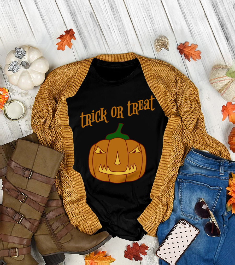 Trick or Treat with Angry Pumpkin Face Halloween T-Shirt