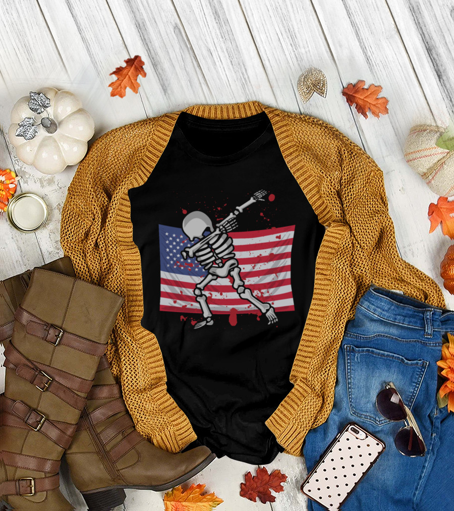 Dabbing Skeleton with American Flag and Blood Splatter T-Shirt