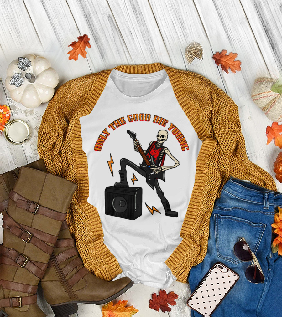 Only The Good Die Young Skeleton Rocker Skull Bone T-Shirt