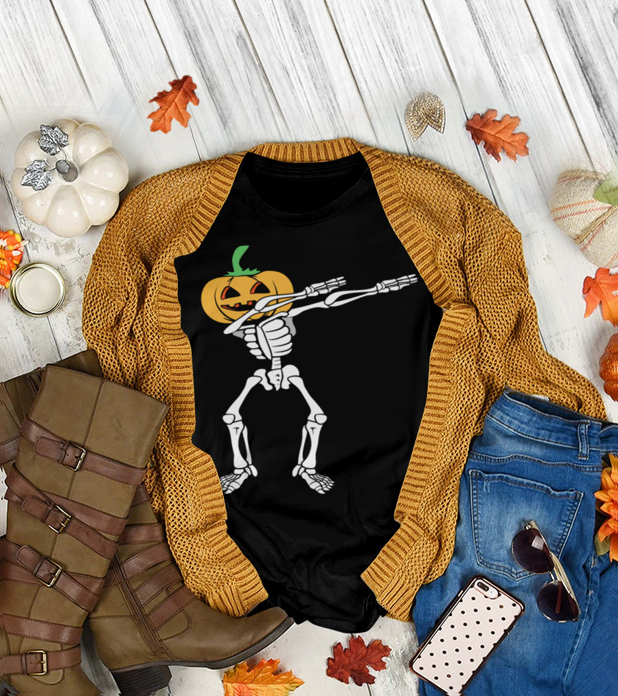 Dabbing Halloween Skeleton with Pumpkin Head T-Shirt