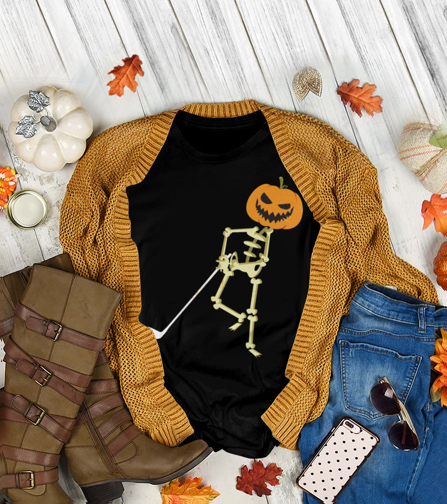 Skeleton Pumpkin Head Playing Golf Funny Halloween Humor T-Shirt