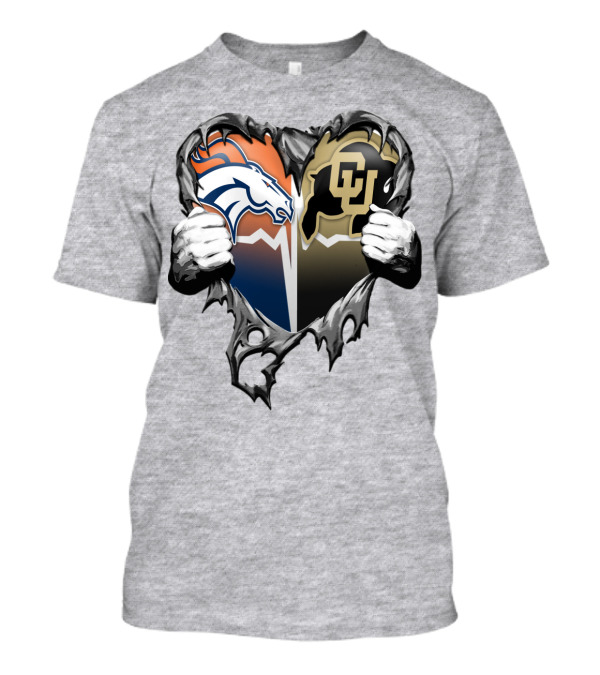 Denver Broncos And Colorado Buffaloes Heart Logo Rip T-Shirt