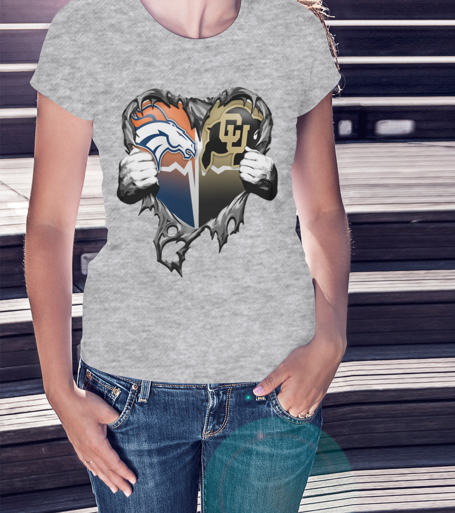 Denver Broncos And Colorado Buffaloes Heart Logo Rip T-Shirt