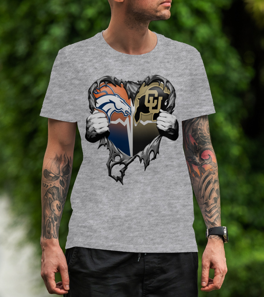 Denver Broncos And Colorado Buffaloes Heart Logo Rip T-Shirt
