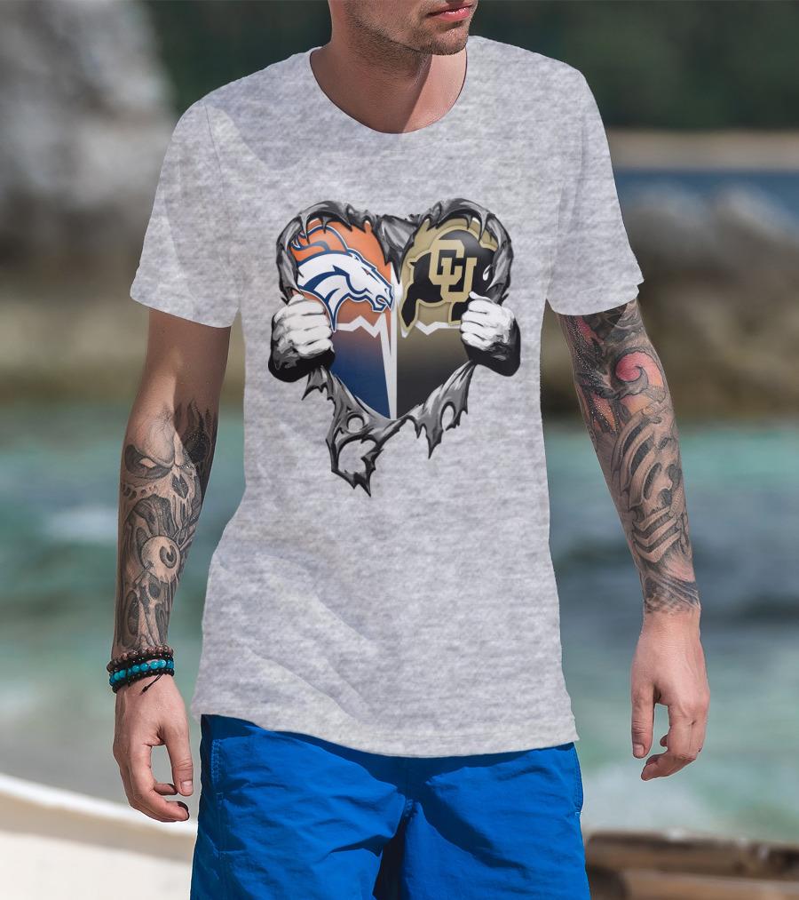 Denver Broncos And Colorado Buffaloes Heart Logo Rip T-Shirt