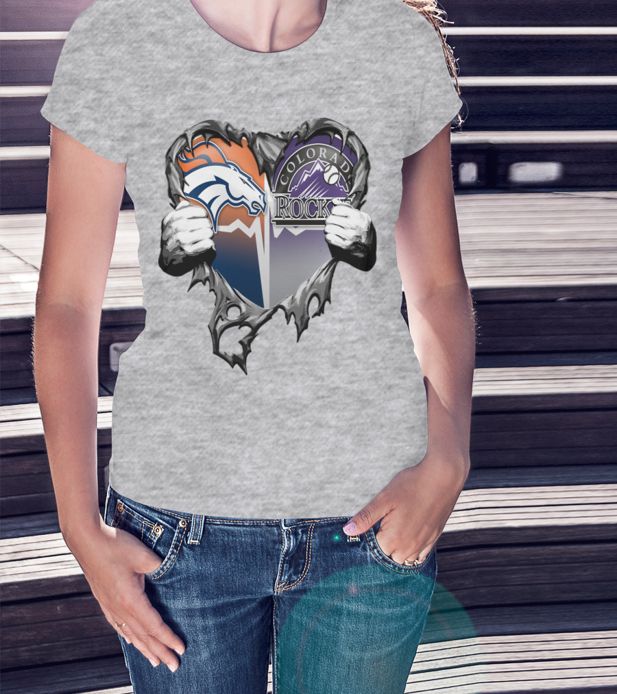 Denver Broncos Colorado Rockies Split Heart T-Shirt