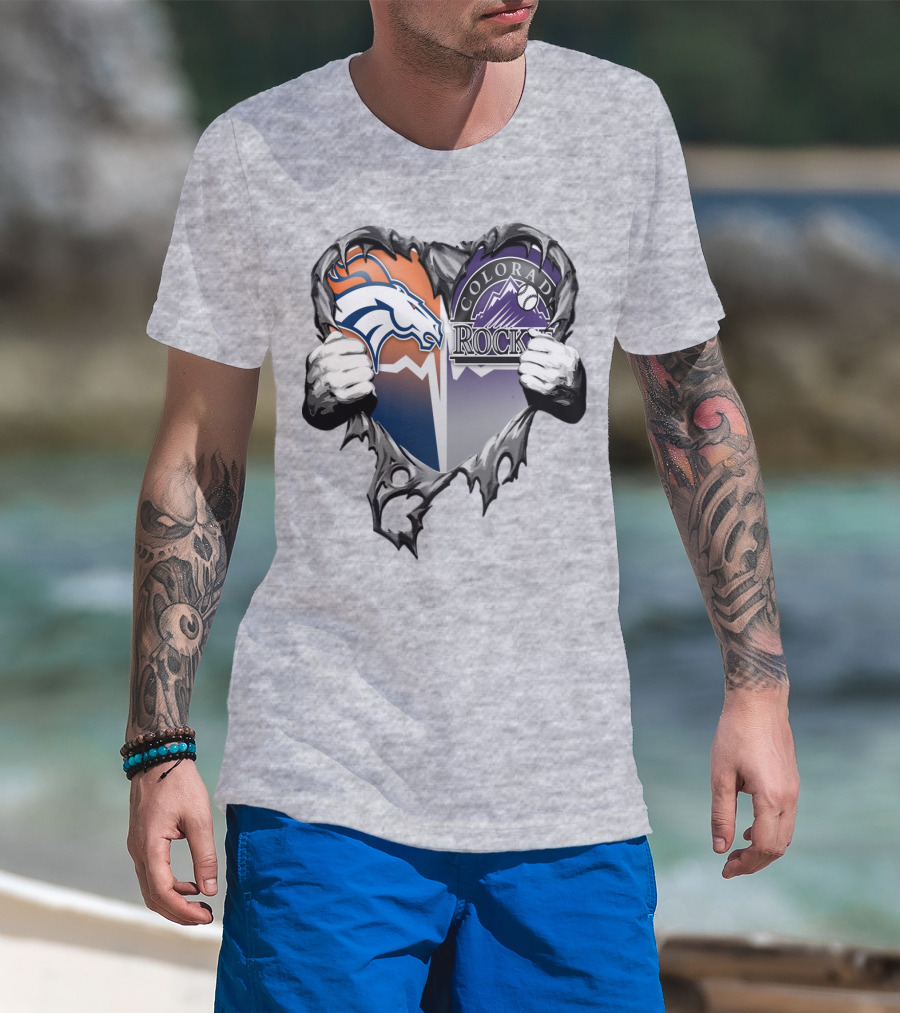 Denver Broncos Colorado Rockies Split Heart T-Shirt