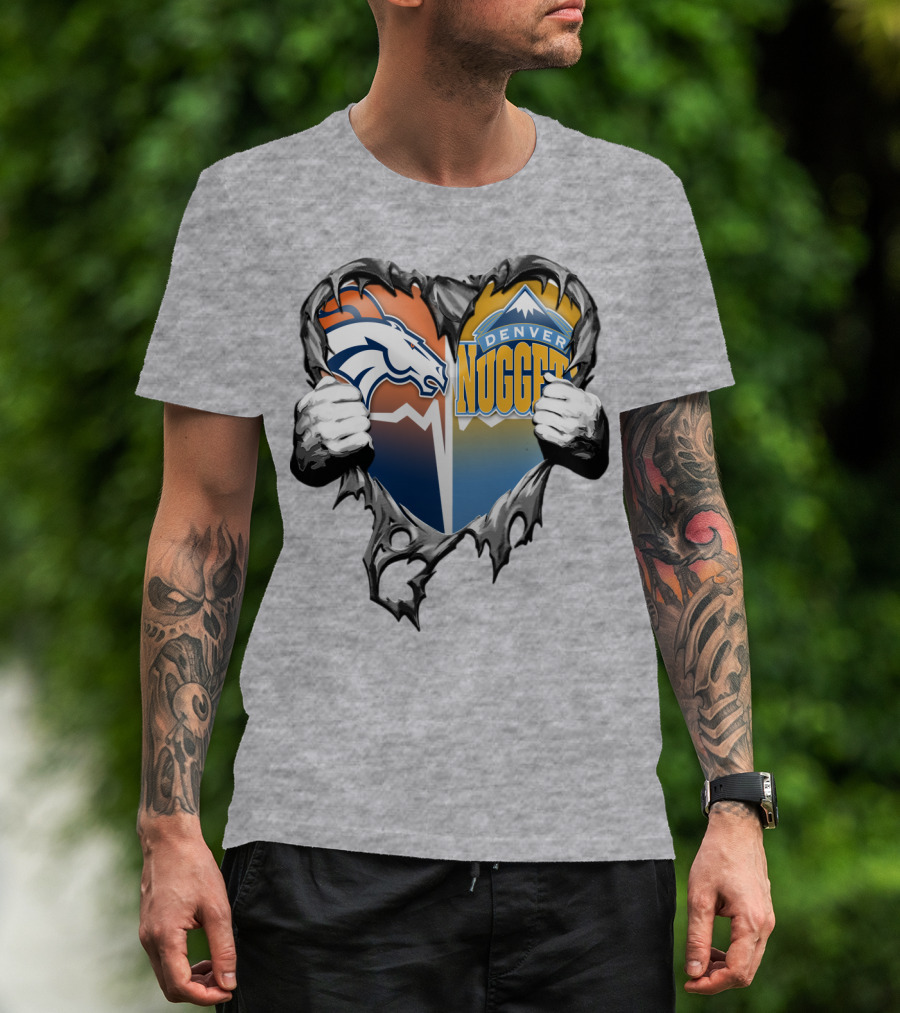 Broncos Nuggets Torn Heart Logo Fusion T-Shirt