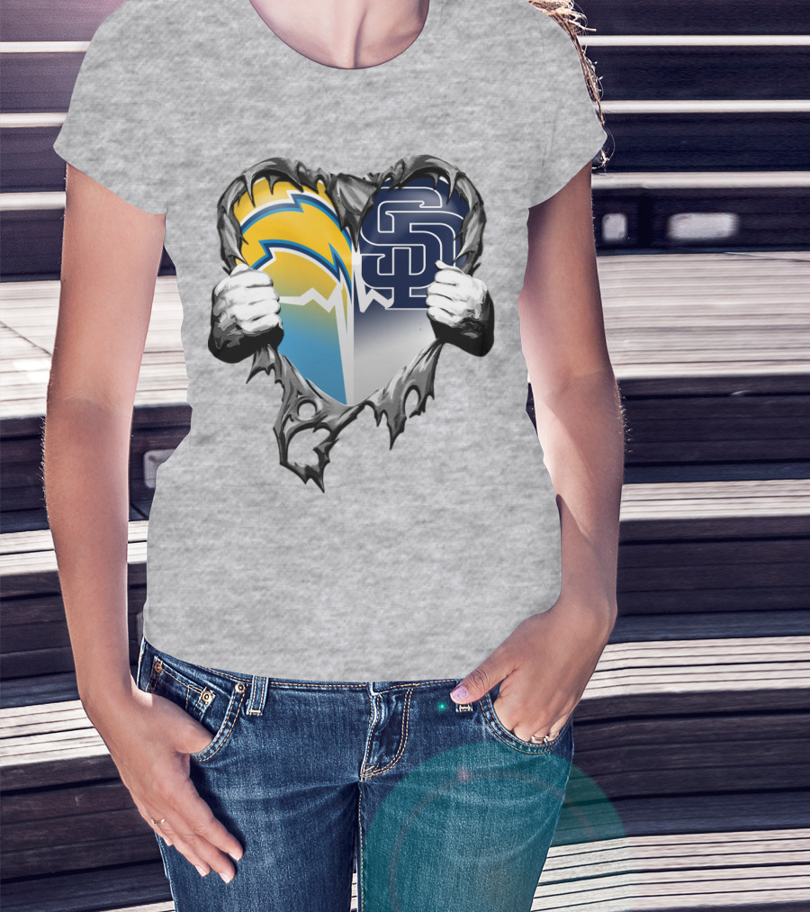 Los Angeles Chargers San Diego Padres Heart Logo Fusion T-Shirt
