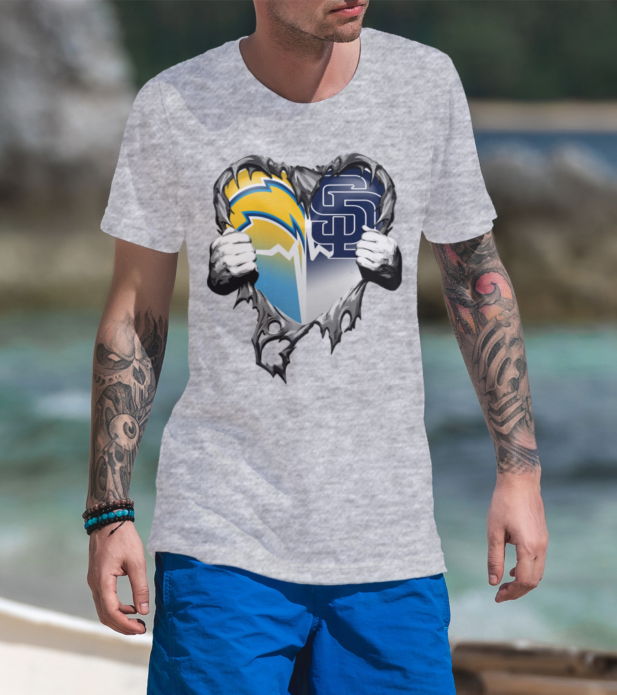 Los Angeles Chargers San Diego Padres Heart Logo Fusion T-Shirt