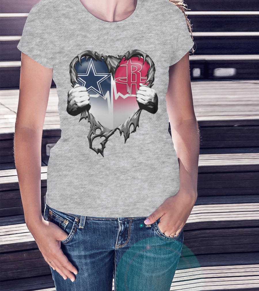 Dallas Cowboys Houston Rockets Torn Heart Logo Fusion T-Shirt