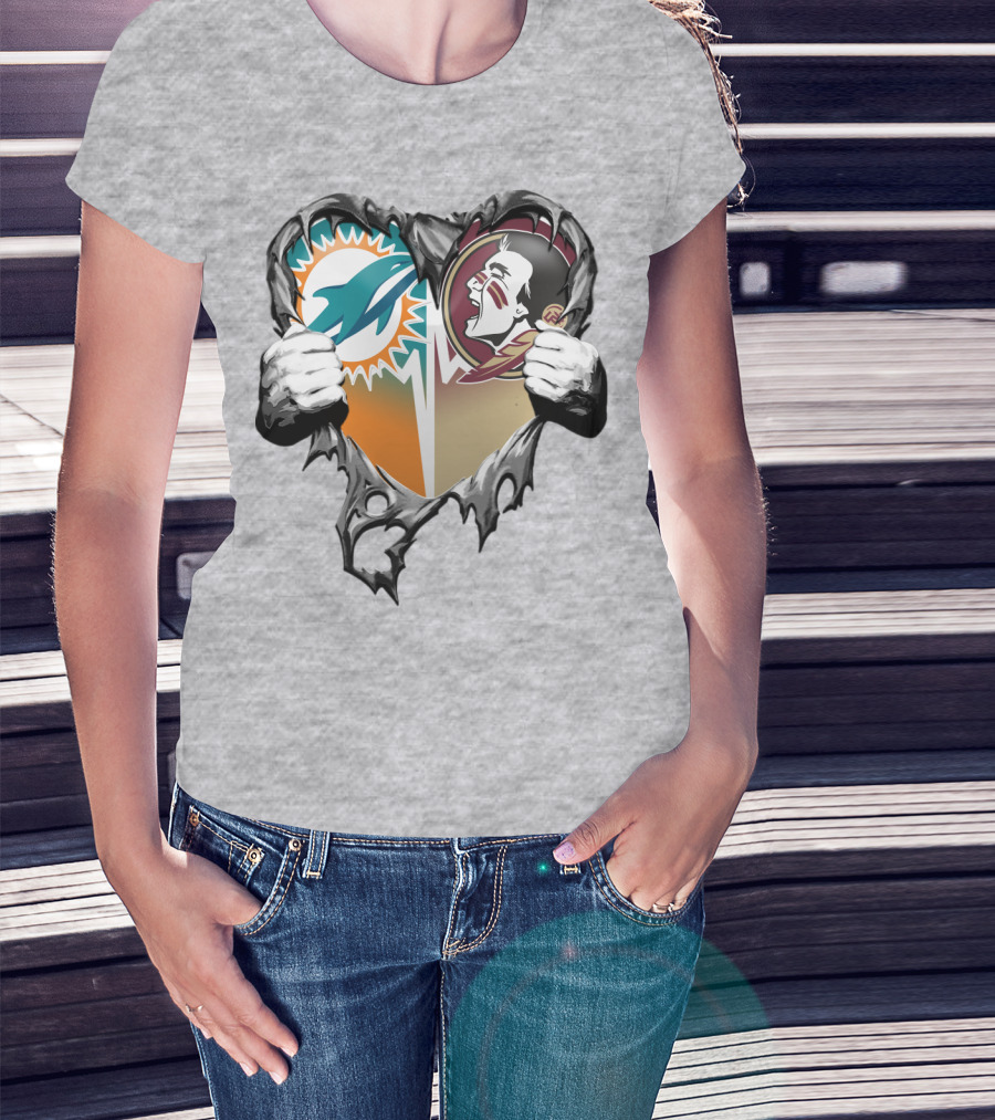 Miami Dolphins Florida State Seminoles Heart Tear T-Shirt