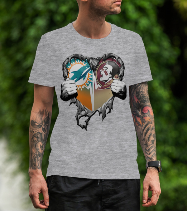 Miami Dolphins Florida State Seminoles Heart Tear T-Shirt