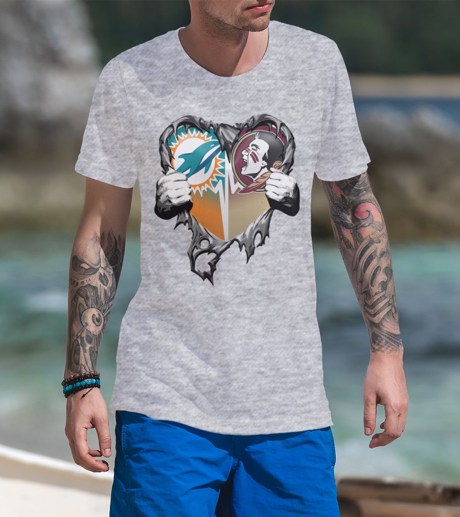 Miami Dolphins Florida State Seminoles Heart Tear T-Shirt