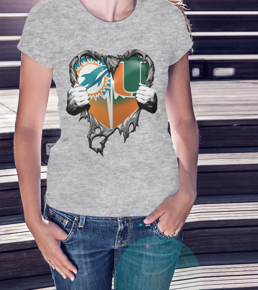 Miami Dolphins And Miami Hurricanes Heart T-Shirt