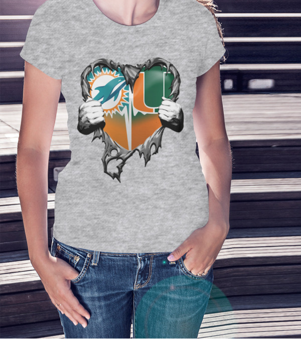 Miami Dolphins And Miami Hurricanes Heart T-Shirt