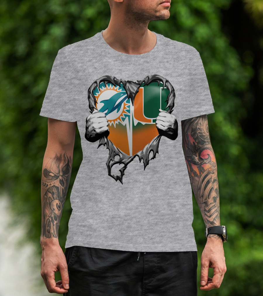 Miami Dolphins And Miami Hurricanes Heart T-Shirt