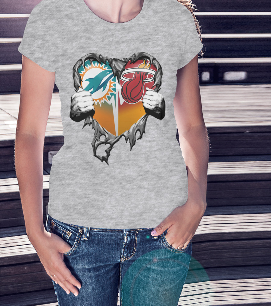 Miami Dolphins Miami Heat Heart Hands T-Shirt