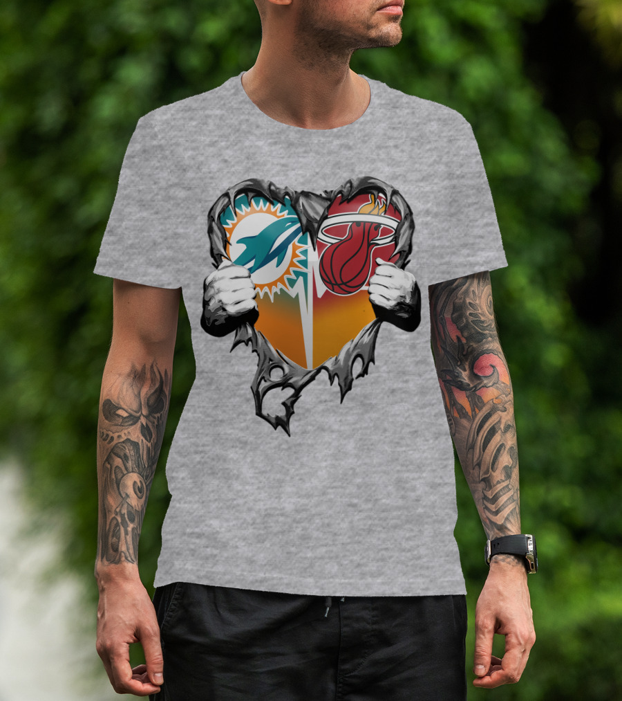 Miami Dolphins Miami Heat Heart Hands T-Shirt
