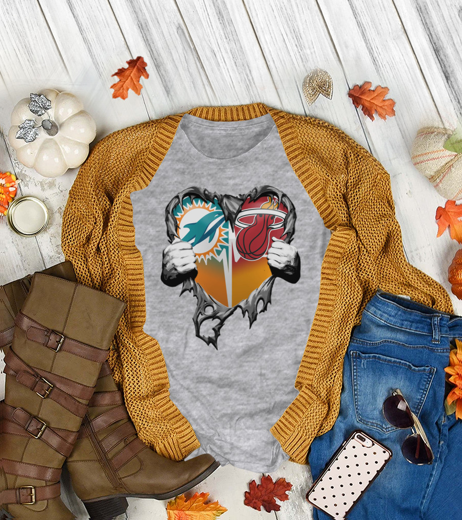 Miami Dolphins Miami Heat Heart Hands T-Shirt