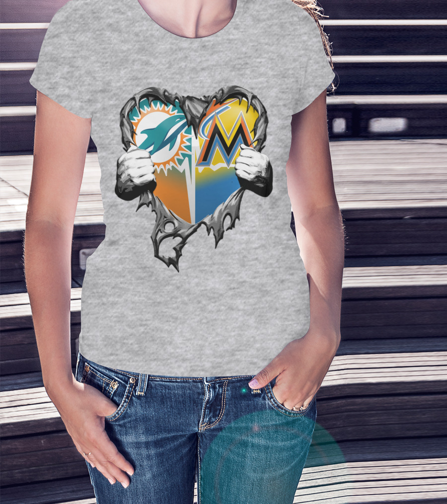 Miami Dolphins Miami Marlins Heart T-Shirt