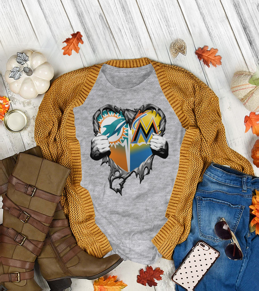 Miami Dolphins Miami Marlins Heart T-Shirt