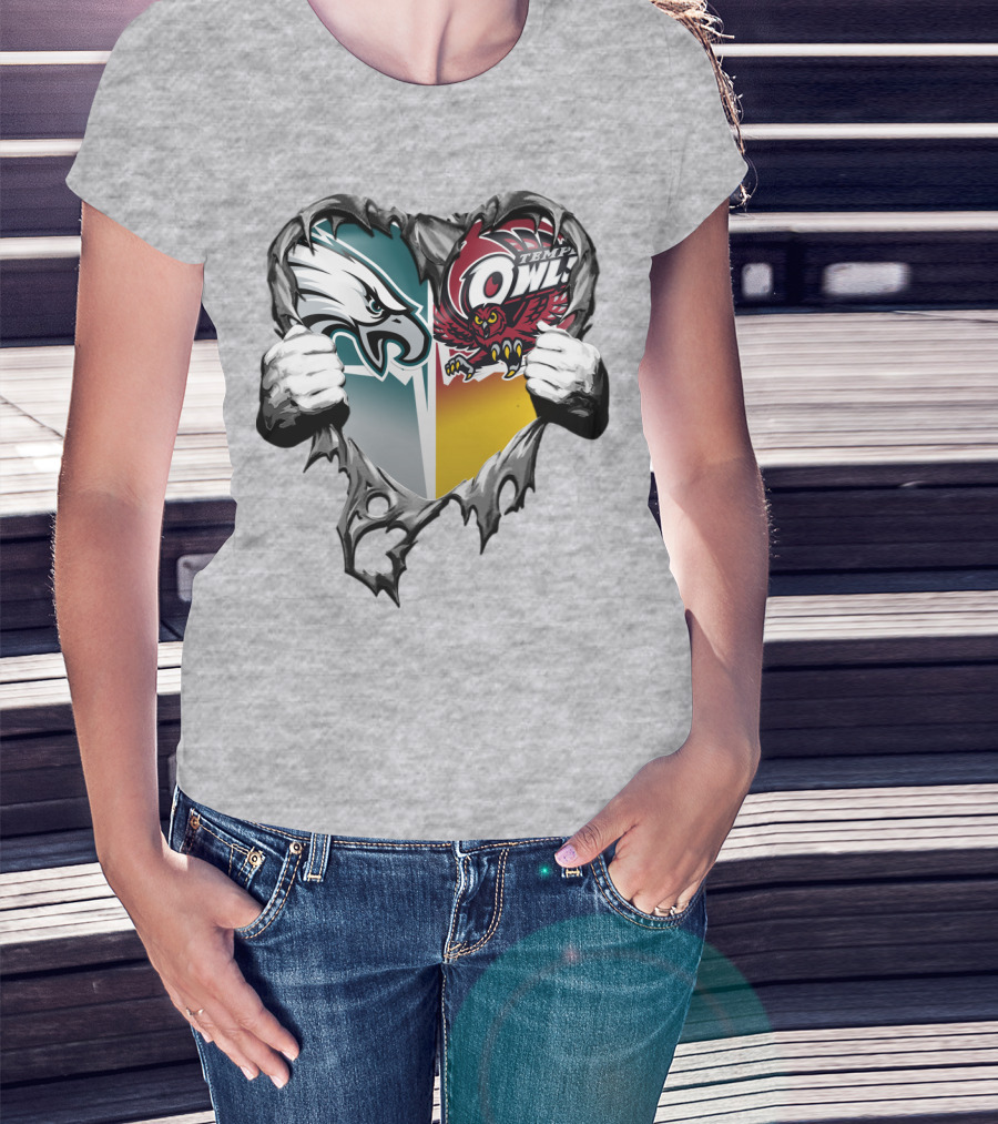 Philadelphia Eagles Temple Owls Heart Logo Rip T-Shirt