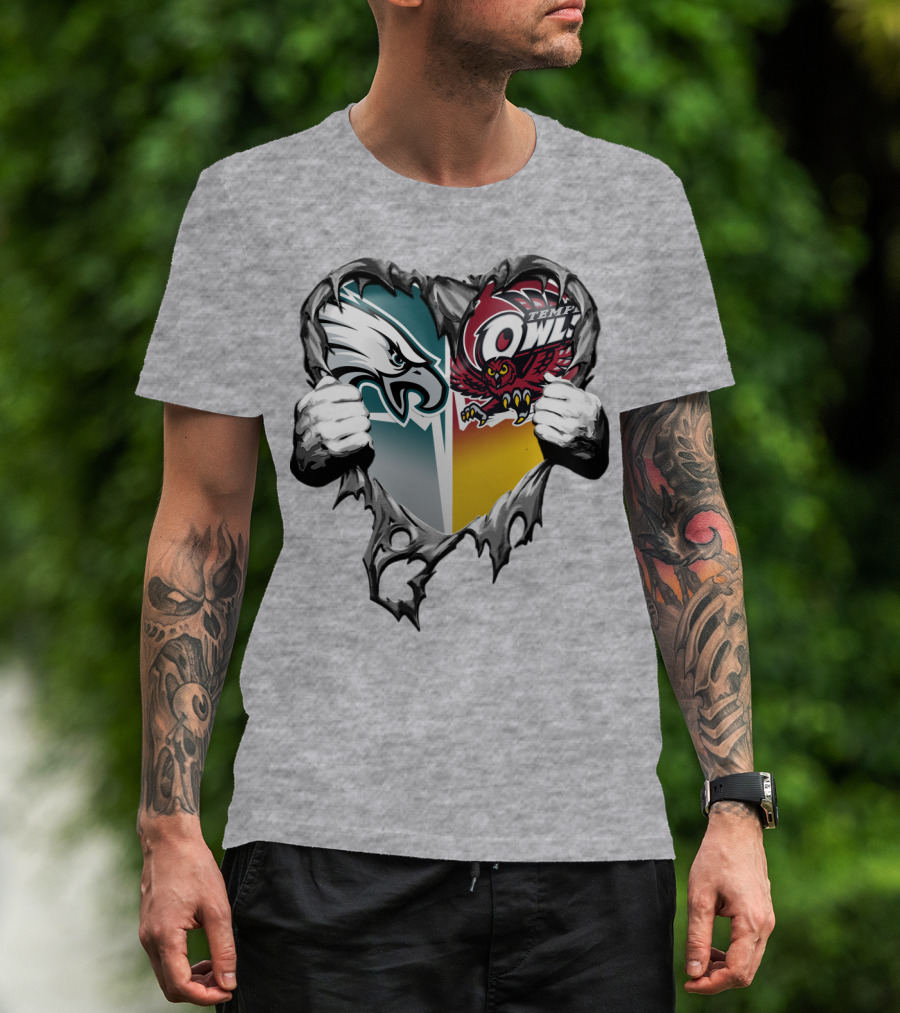 Philadelphia Eagles Temple Owls Heart Logo Rip T-Shirt