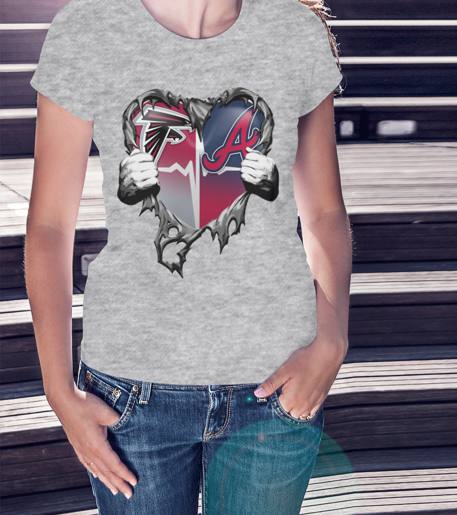 Falcons Braves Heart Design With Ripped Effect And Hands T-Shirt