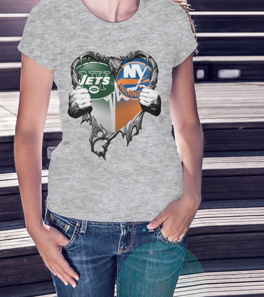 Jets Islanders Heart Rip Torn Metal Hands T-Shirt
