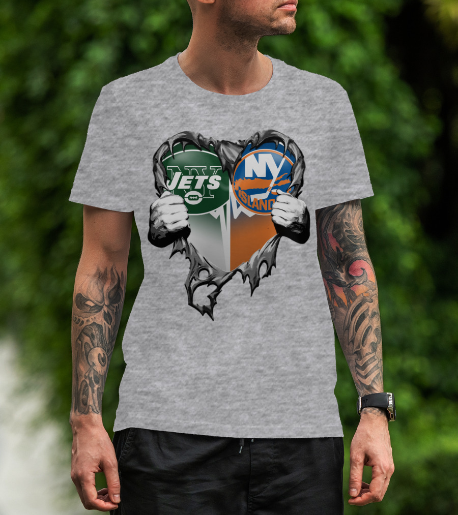 Jets Islanders Heart Rip Torn Metal Hands T-Shirt