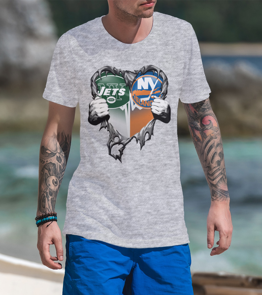 Jets Islanders Heart Rip Torn Metal Hands T-Shirt