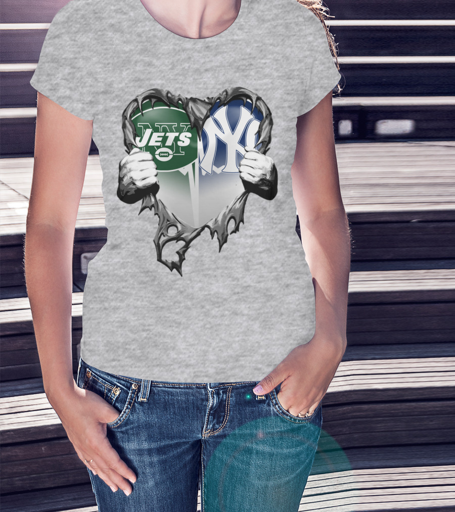 Jets And Yankees Heart Tear T-Shirt