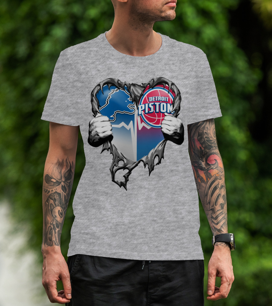 Detroit Lions And Detroit Pistons Heart Logo Fusion T-Shirt
