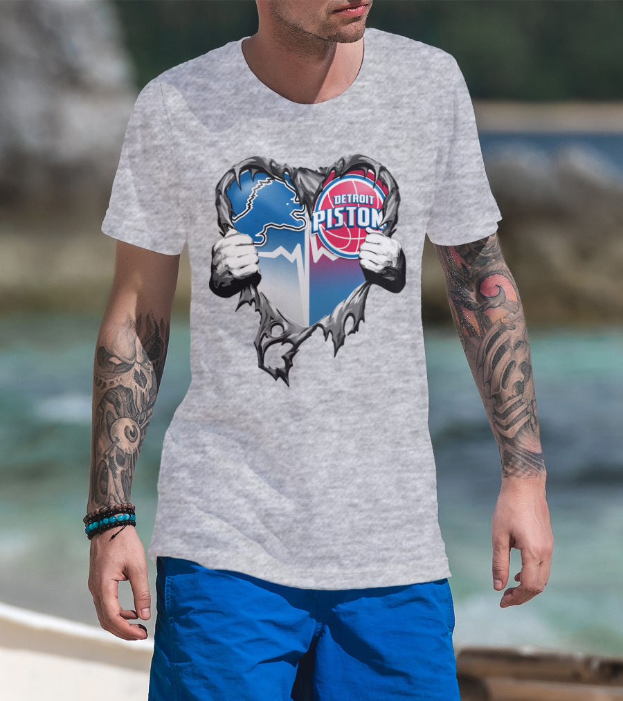 Detroit Lions And Detroit Pistons Heart Logo Fusion T-Shirt