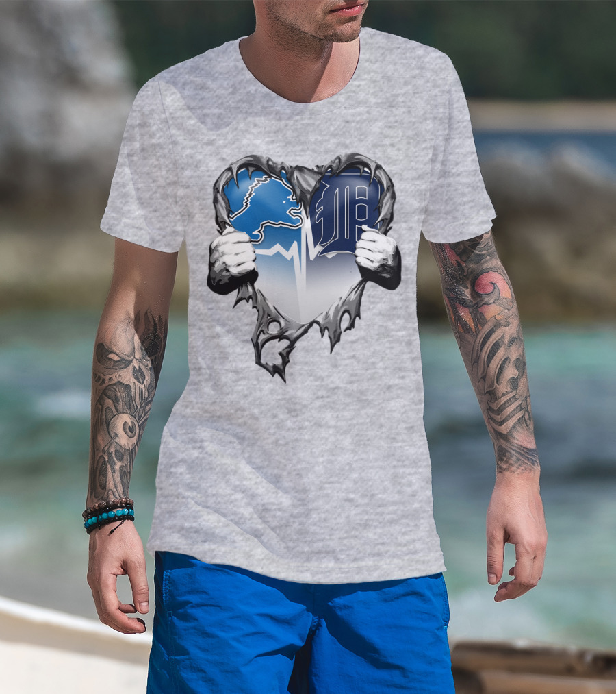 Lions Tigers Heartbeat Detroit Fan T-Shirt