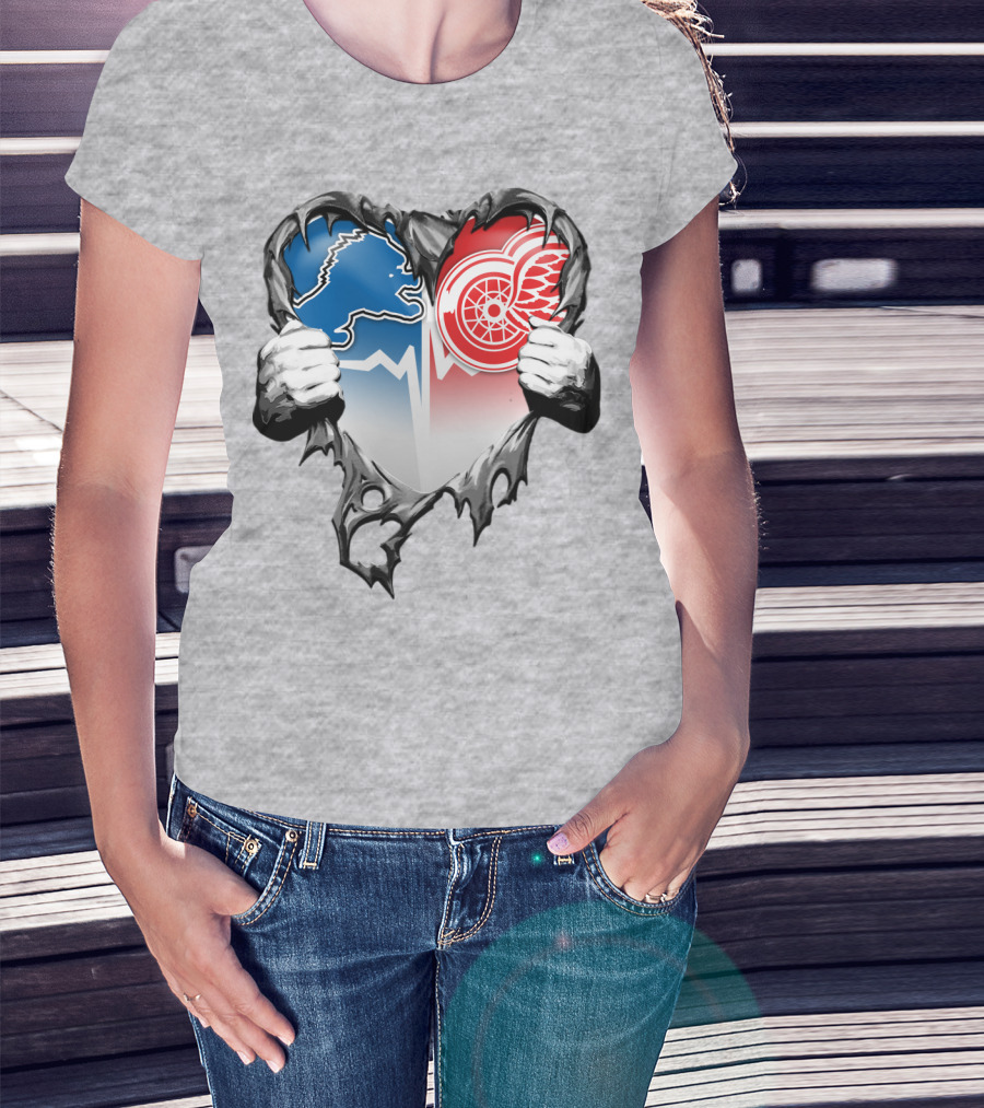 Xatt073 Detroit Lions Red Wings Heart Rip T-Shirt