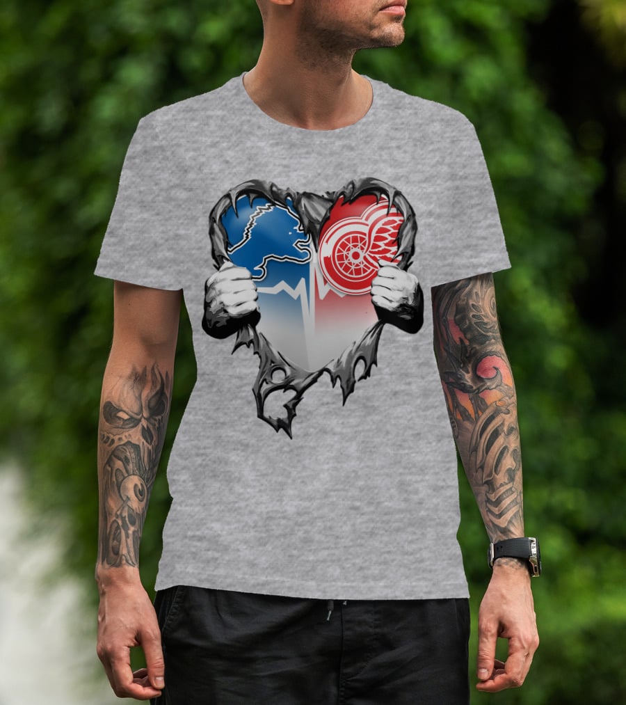 Xatt073 Detroit Lions Red Wings Heart Rip T-Shirt