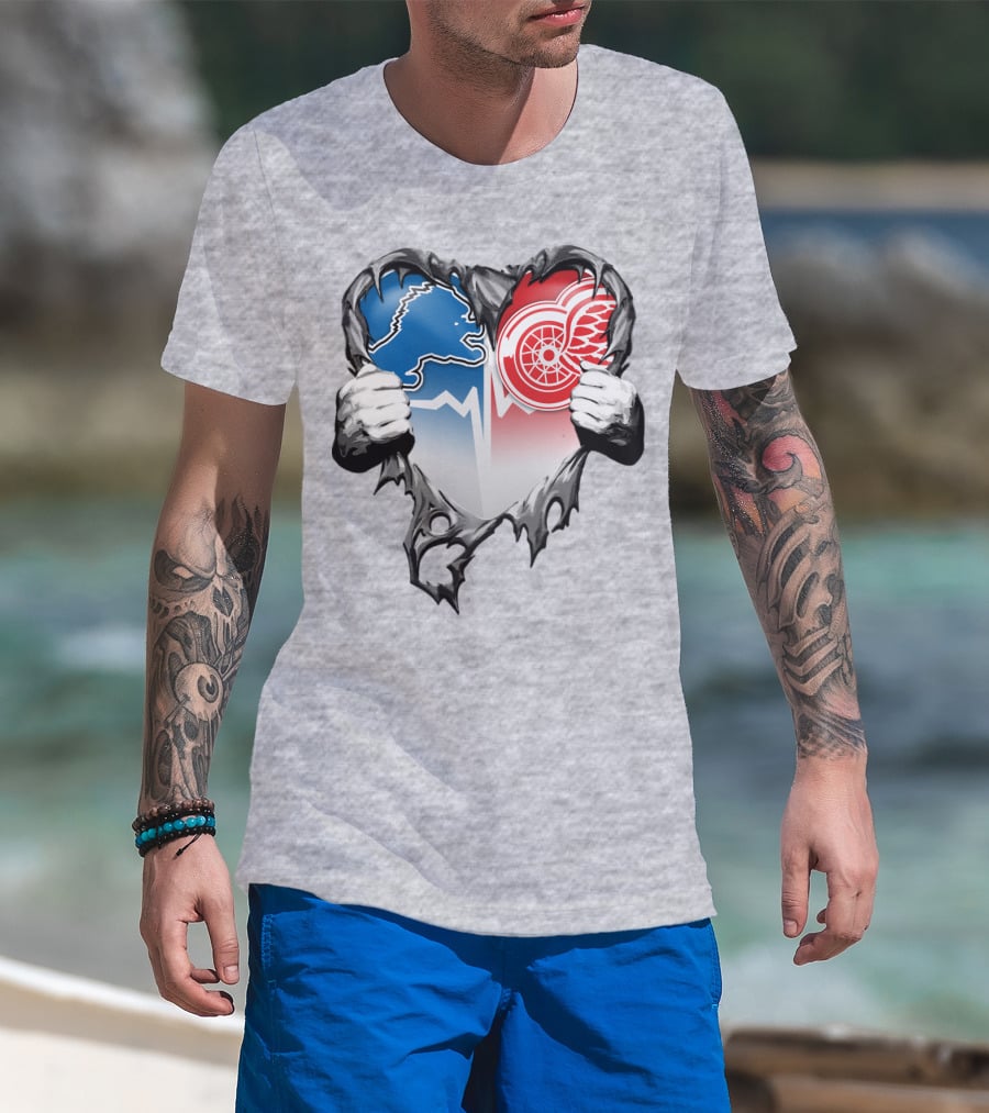 Xatt073 Detroit Lions Red Wings Heart Rip T-Shirt