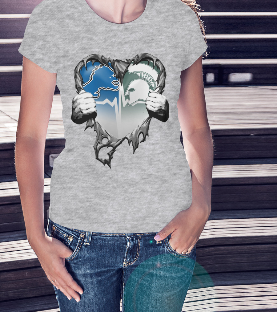 Detroit Lions And Michigan State Spartans Heart Logo Collaboration T-Shirt