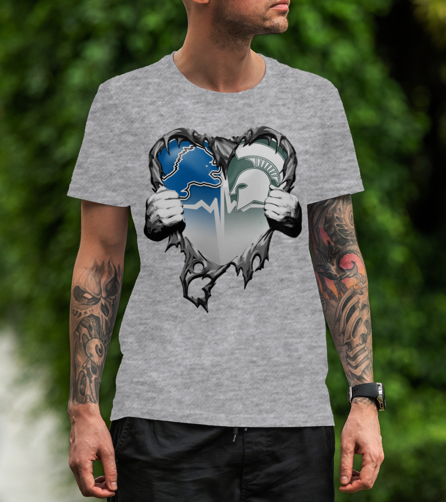 Detroit Lions And Michigan State Spartans Heart Logo Collaboration T-Shirt