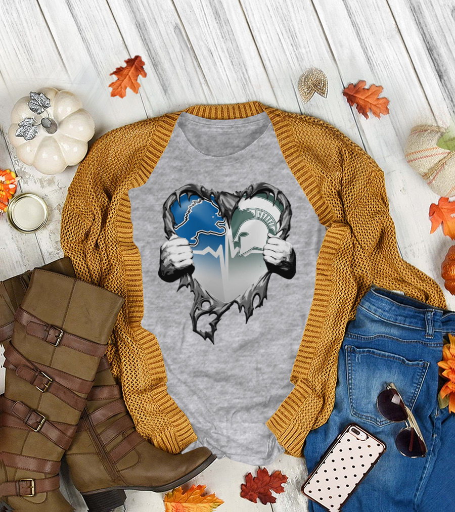 Detroit Lions And Michigan State Spartans Heart Logo Collaboration T-Shirt
